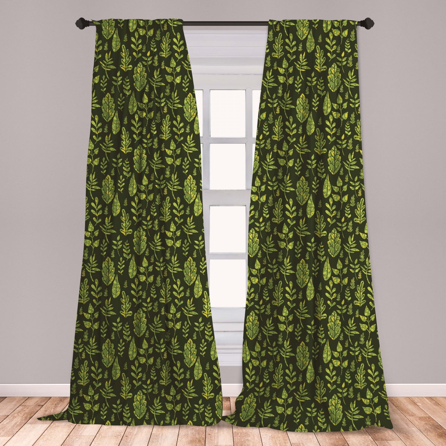 Sage Curtains 2 Panels Set, Patterned Green Leaves Nature Inspired