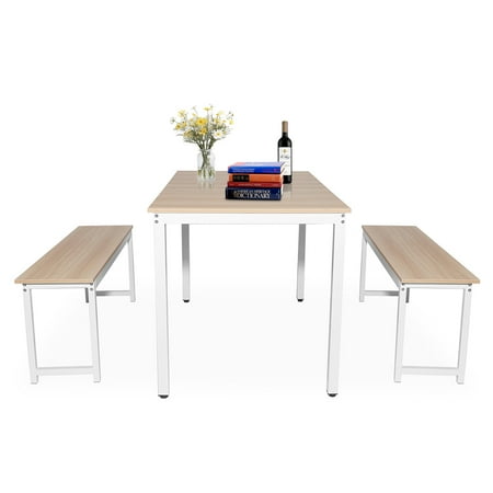 3Piece Dining Room Table and Chairs Set, BTMWAY Farmhouse Rectangle Kitchen Dining Table Set with 2 Benches, Small Space Kitchen Furniture Table Set, for Home/Apartment/Cafeteria/Restaurant,Beige,A77