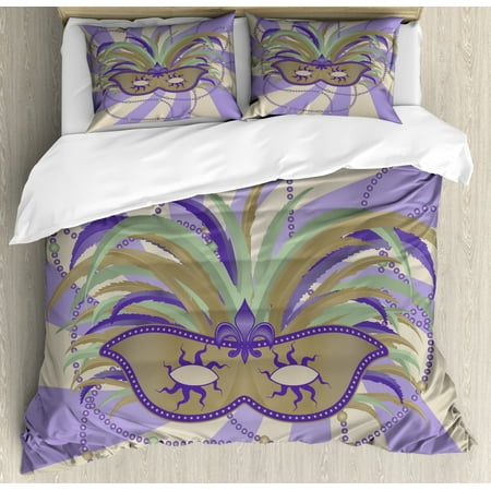New Orleans Duvet Cover Set King Size, Classic Masquerade Mardi Gras Mask Design on Swirled Bicolor Stripes Background, Decorative 3 Piece Bedding Set with 2 Pillow Shams, Multicolor, by
