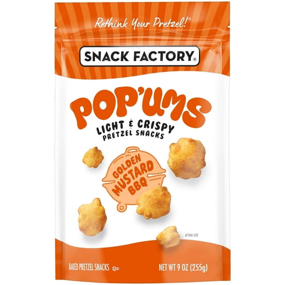 Snack Factory Pop'ums Golden Mustard BBQ Pretzel Snacks, 9 oz Bag - 4 Pack