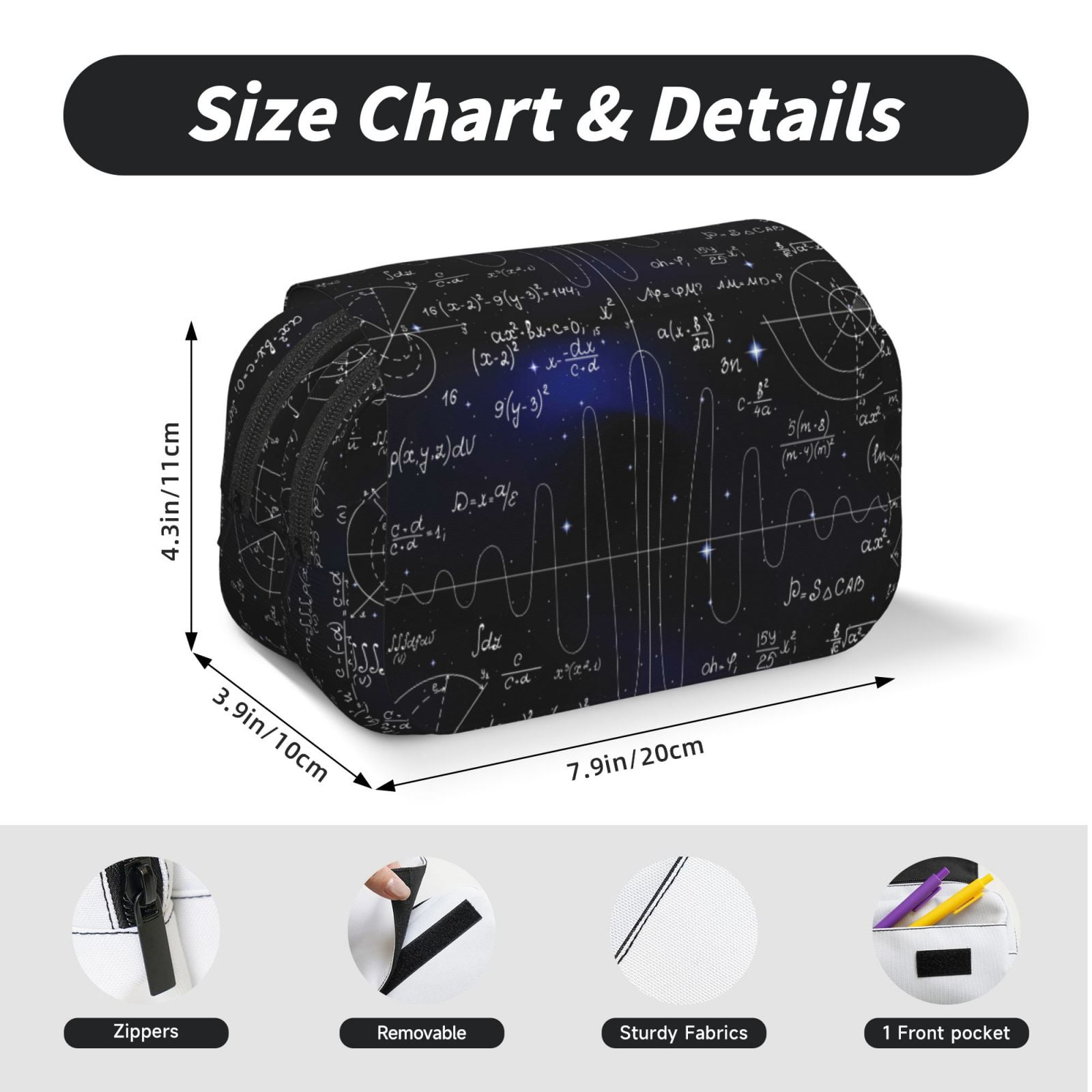 Rateoe Mathematica Science Pattern Double Clamshell Pen Case, Storage Organizer with Two Zipper Compartments– Holds Up to 50 Pencils & Pens