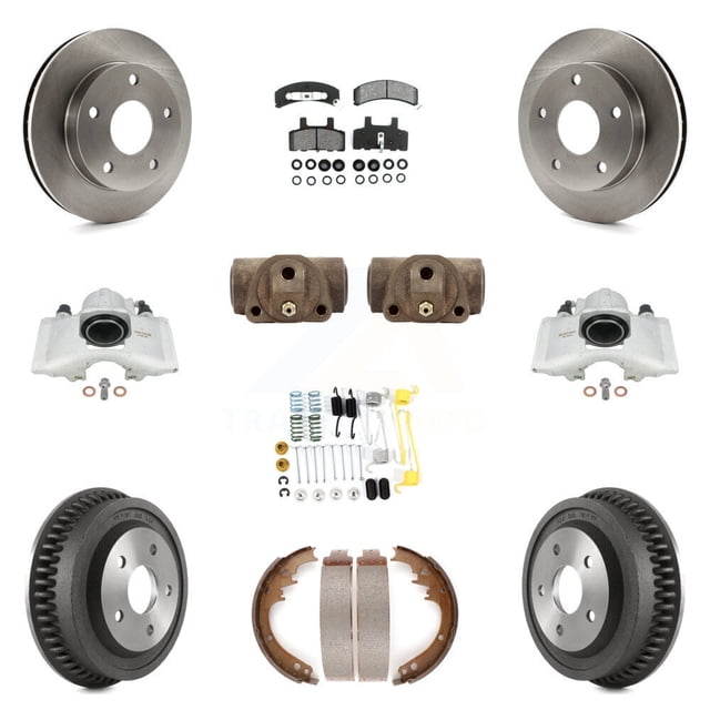 Transit Auto Front Rear Disc Brake Caliper Rotors Drums Semi-Metallic Pads Shoes Wheel Cylinders and Hardware Kit (11Pc) for Car 1994-1999 Dodge Ram 1500 4WD KC8-100914S