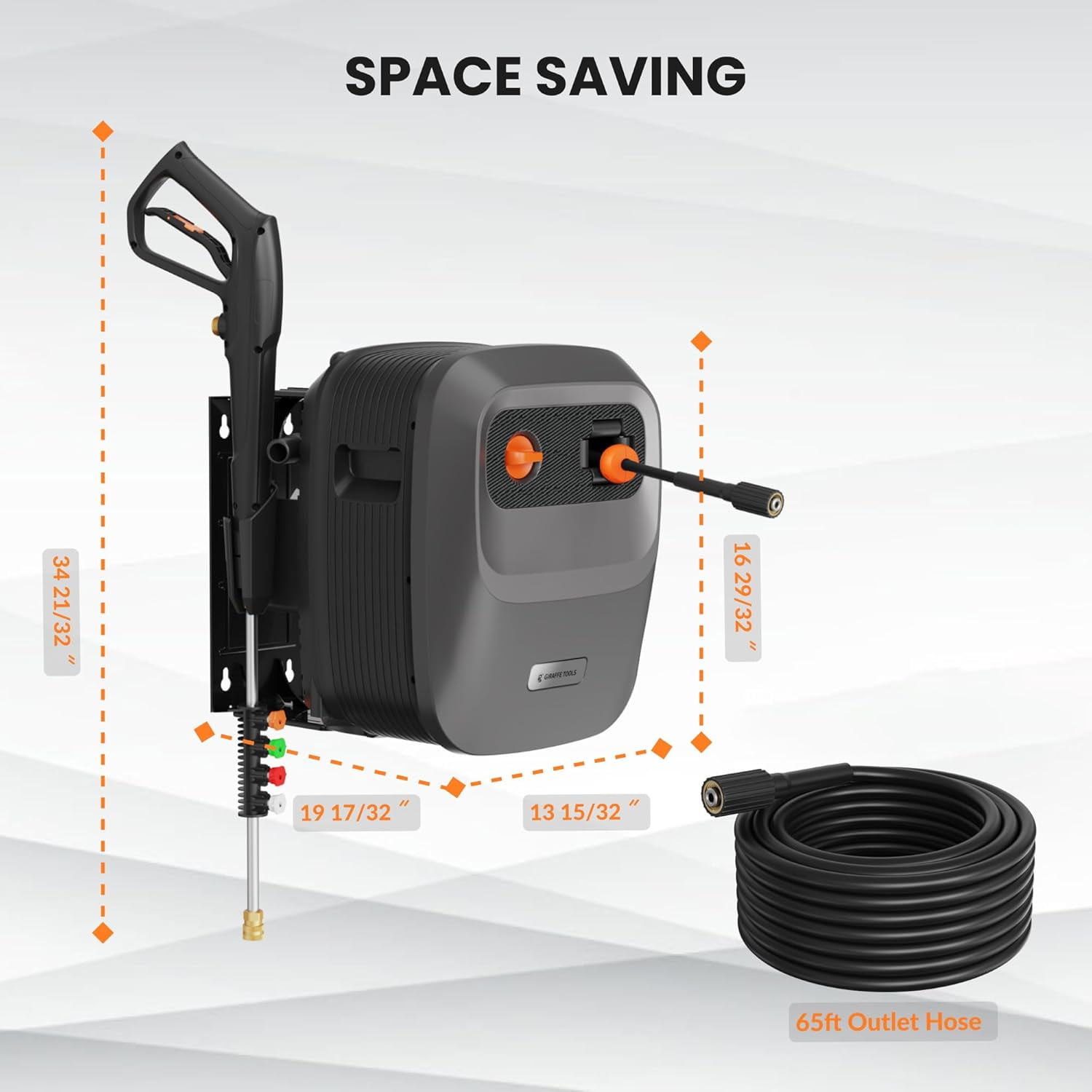 Giraffe Tools Max 2500 PSI Grandfalls Pressure Washer G20BPRO with 65ft Retractable Hose, Wall-Mount, Bach Sliver