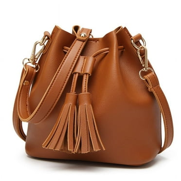LNGOOR Leather Women Drawstring Shoulder Bag Sling Bucket Messenger Crossbody Tote,Brown