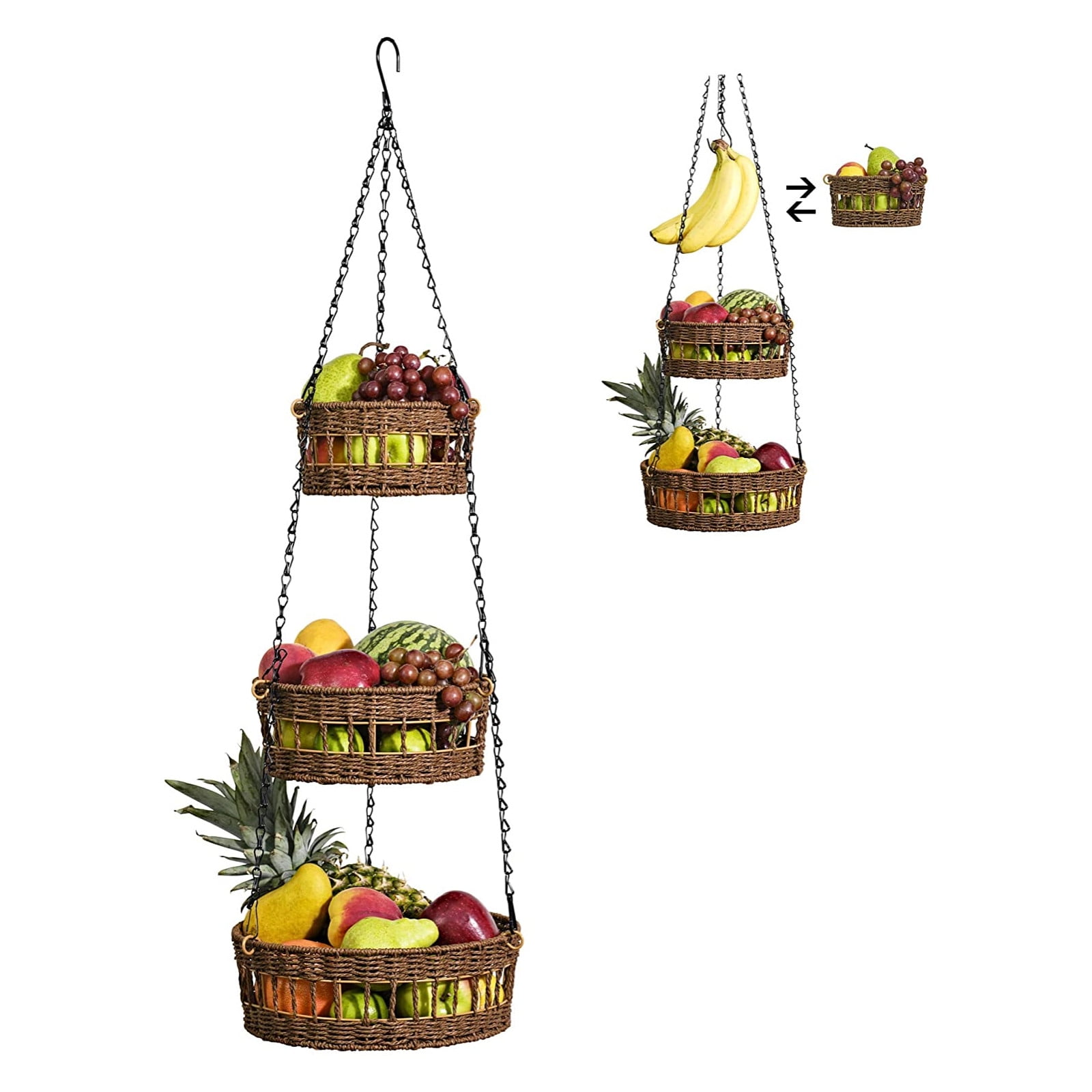 Mydepot 3 Tier Hanging Fruit Basket, Wicker Vegetable Storage, Banana Holder, Organizer, Fruit