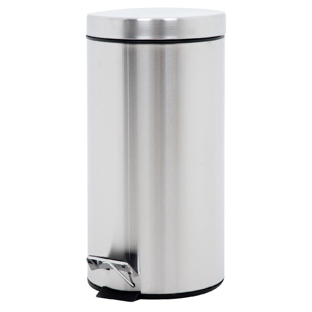 bote de basura 30 litros acero inoxidable con pedal y tapa color metálico para cocina oficina colorhome gris vista frontal centrada de bote cilíndrico gris con tapa redonda, pedal metálico en la base, borde antideslizante y contenedor interior removible con asa; cierre suave de la tapa, medidas 62.5x29.5 cm, grosor 0.32 mm; ideal para cocina u oficina y suele usarse también para organizar residuos en espacios pequeños.