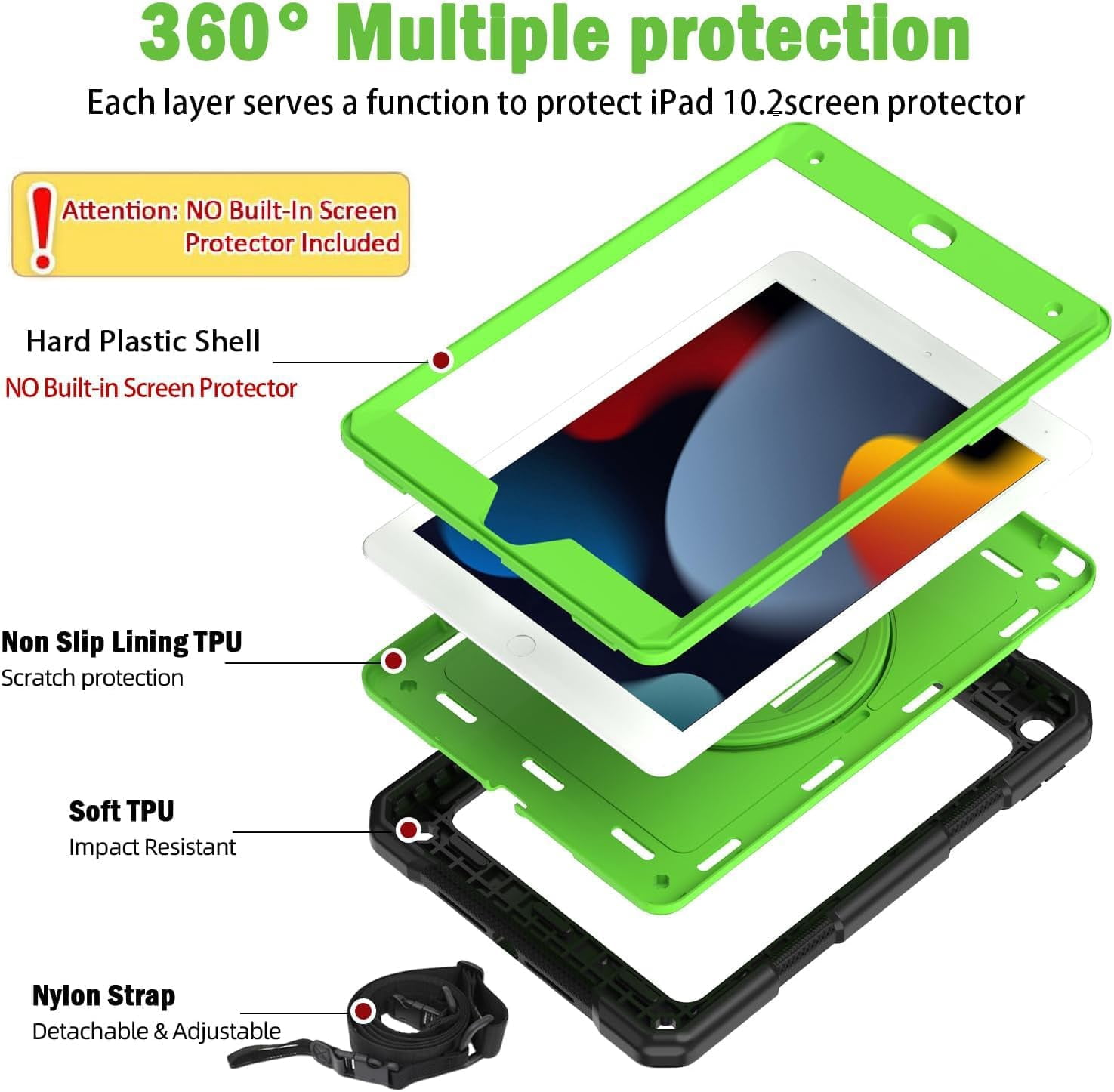 SUPNICE iPad 9th/8th/7th Generation Case, iPad 10.2 Case,Shockproof 360 Rotating Stand Hand Strap Pencil Holder Kids Case for iPad 10.2 inch 2021/2020/2019,Black and Green