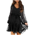 thumbnail image 1 of Robe Courte Mini à Manches Longues pour Femmes avec Col en V et Pois Suisses, Unie, Décontractée, Taille à Nouer, Double Couche, Ligne A, Robe Décontractée, 1 of 6