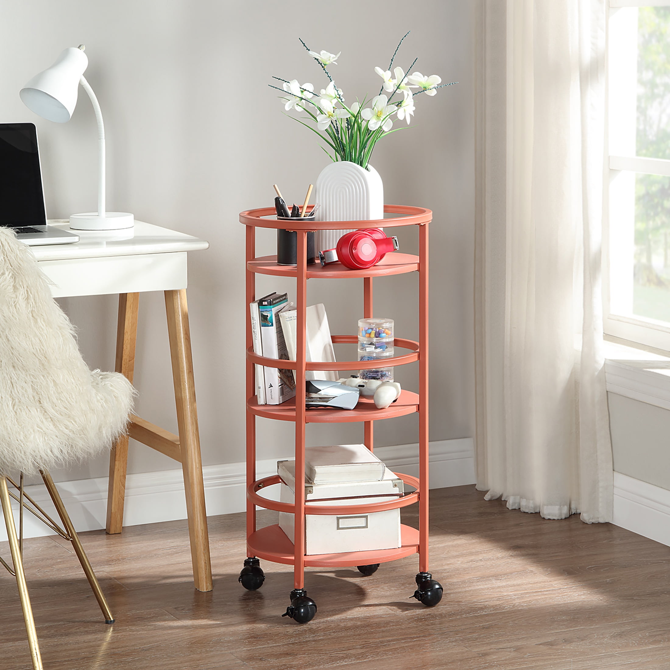 Mainstays  32" 3-Tier Rolling Round Kitchen Storage  Bar Cart, Red