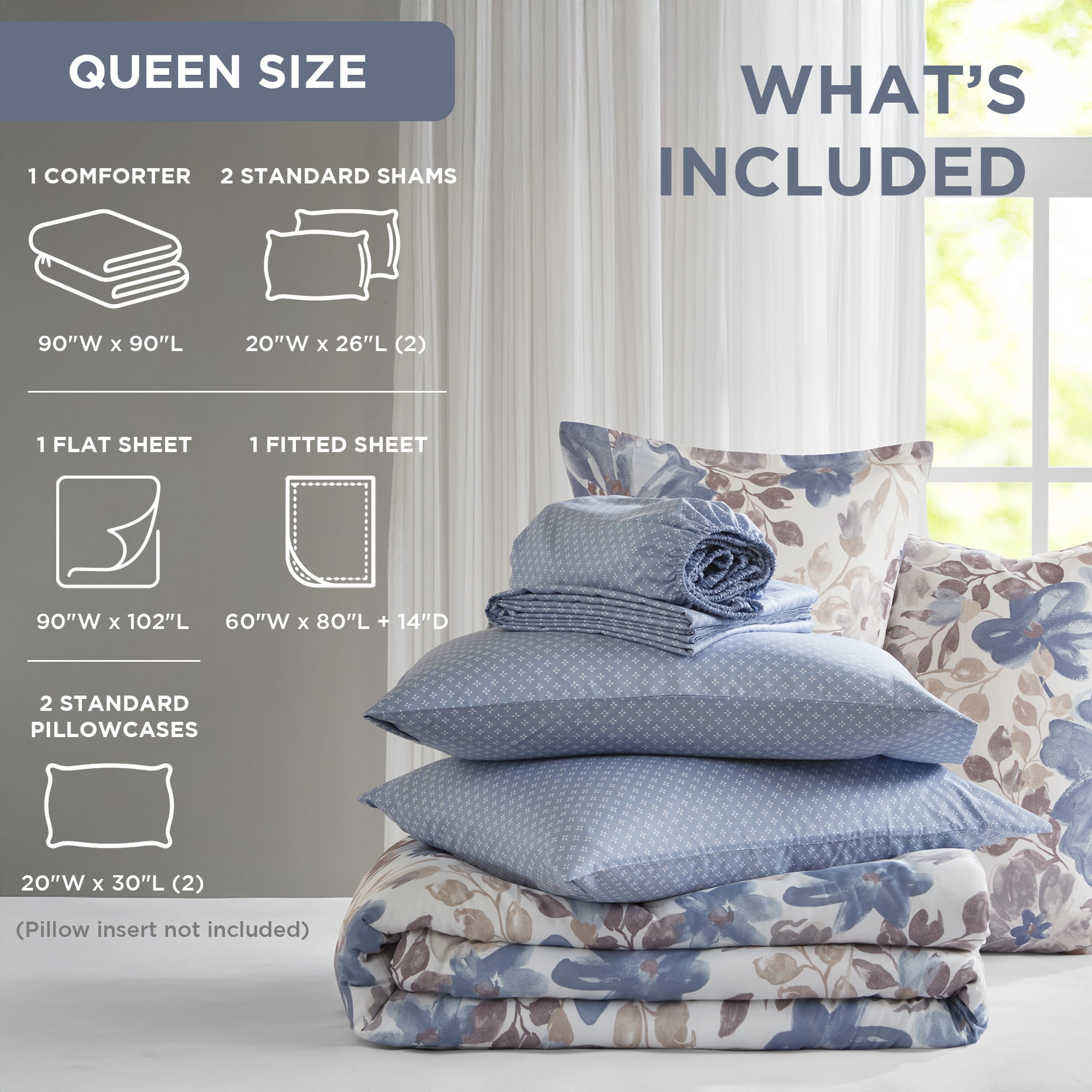 Regency Heights Queen Comforter Set with Sheets, Soft Brushed Bed in A Bag with Diamond Printed Bed Sheets, 7 Piece Bedding Sets with Flat Sheet and Fitted Sheet, Blue
