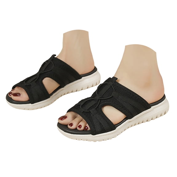 Rokment Womens Mesh Orthopedic Memory Foam Walking Slipper Sandals Breathable Comfortable Cushioned Wedges Low Heel Beach Slip on Wide Width Nursing Outdoor Sports Slides Summer Shoes Black Size 6