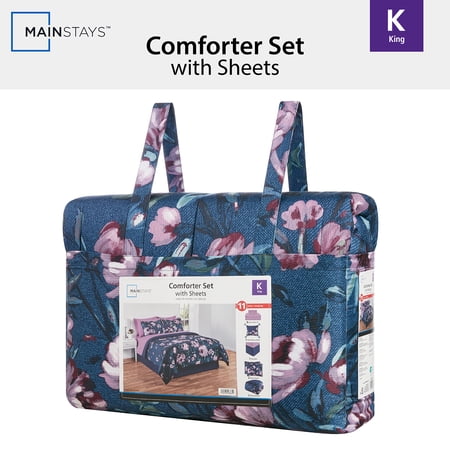MAINSTAYS ALL IN ONE REVERSIBLE COMFORTER AND SHEET SET- 11 PIECE, KING, NAVY FLORAL