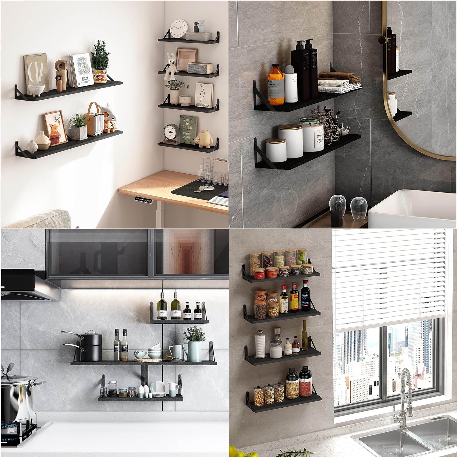 Set of 2 Wall-Mounted Bathroom Floating Shelves W/Triangle Bracket, 16 Inch Black Rustic Wood Storage Shelf for Living Room Kitchen Bedroom