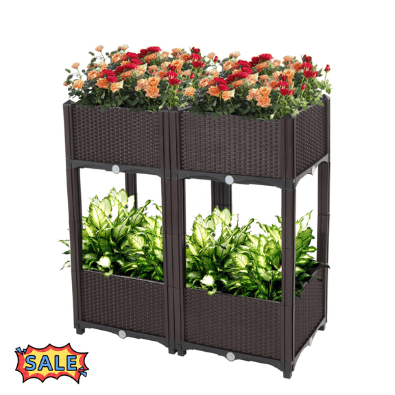 Tcbosik Outdoor Raised Garden Beds Set of 4, Planter Box with Legs, Plastic Planter for Vegetables/Herbs, Brown