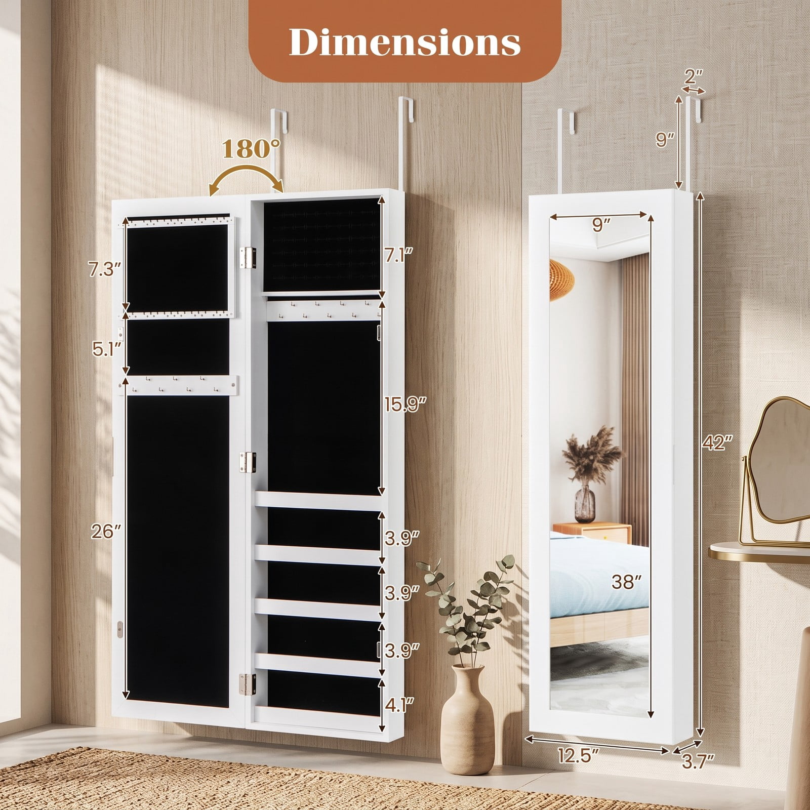 Furnibear Door and Wall Mounted Armoire Jewelry Cabinet with Full-Length Mirror and Velvet Lining for Bedroom Storage, White