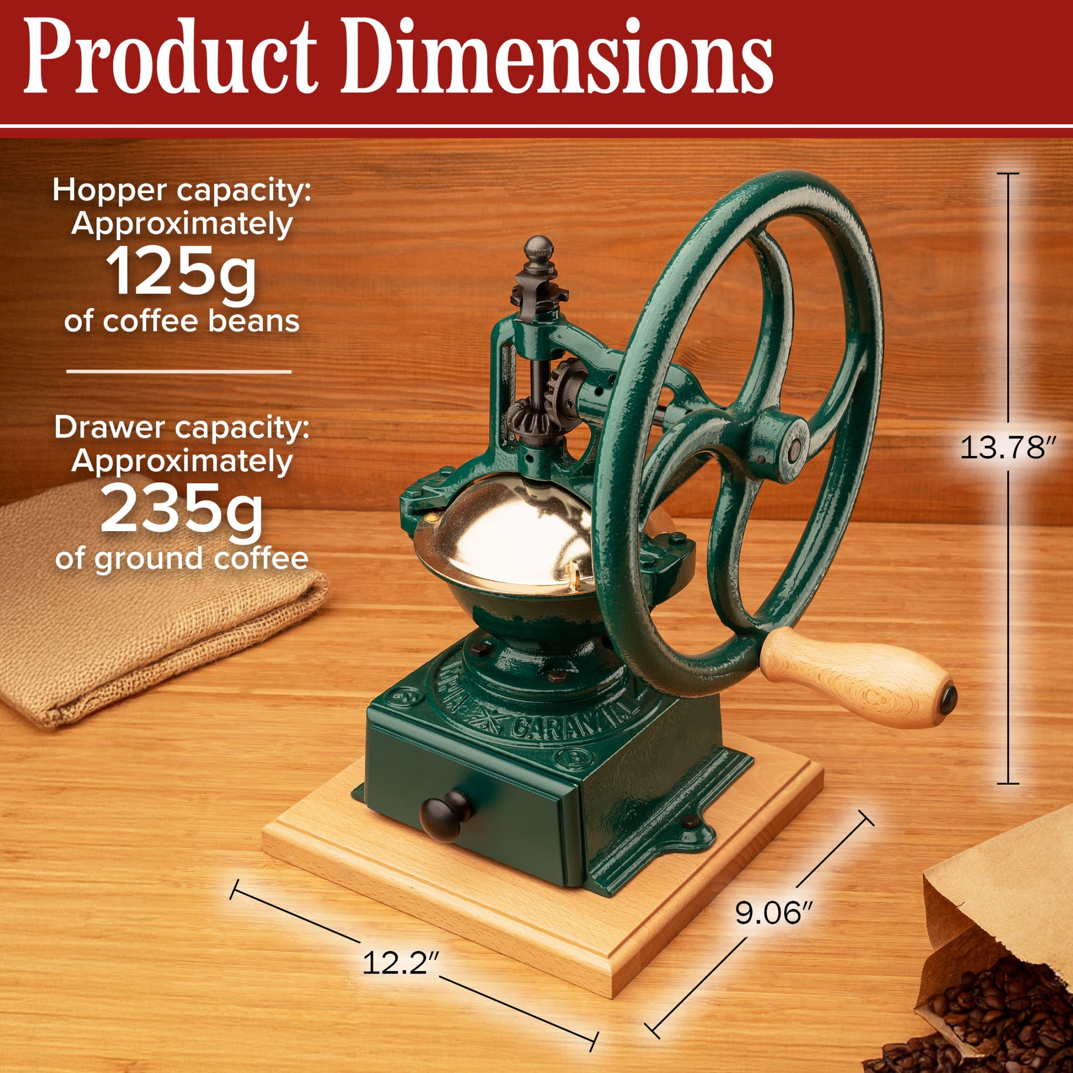 Classic Cuisine Manual Coffee Grinder - Cast Iron Conical Burr Coffee Bean Grinder (Green)