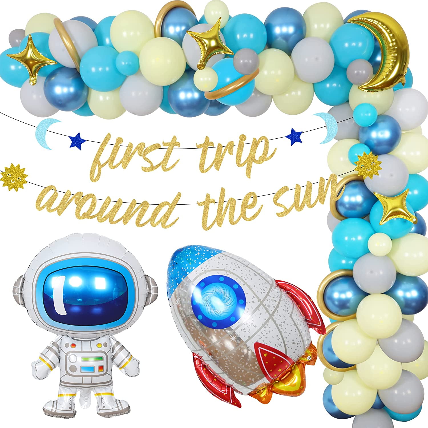 First Trip Around The Sun Birthday Decorations for Boys, Space 1st Birthday Party Supplies Astronaut Theme Balloon Garland Arch Kit Solar System Planet Balloons Set