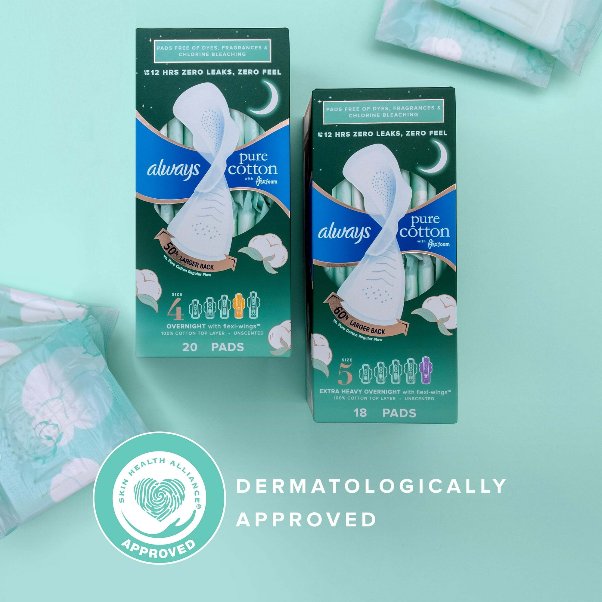 Always Pure Cotton Feminine Pads With Wings, Size 5, Extra Heavy Overnight Absorbency 18 CT ( 2 Pack )