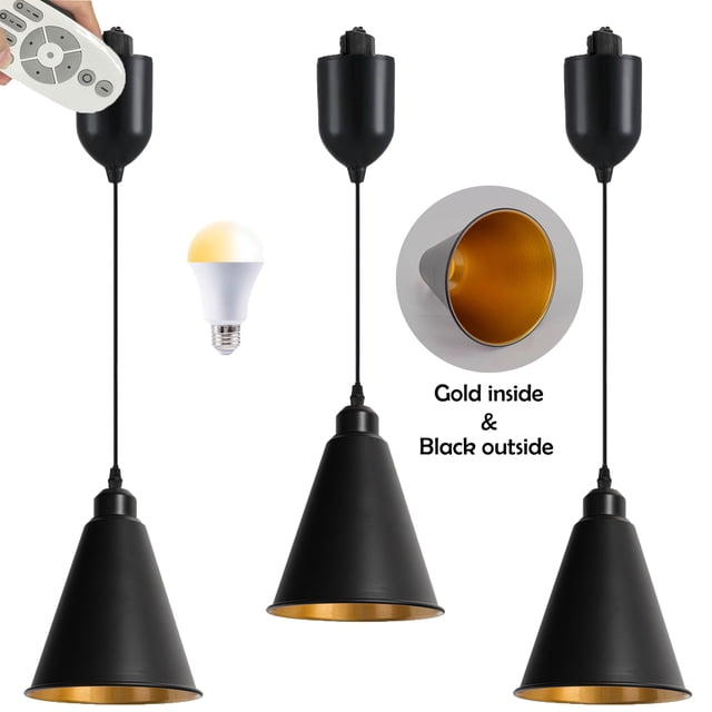 FSLiving Suspension de Rail à Lévitation Réglable, Type H, Lampe de Rail à Levage Rétractable avec Abat-Jour Intérieur Noir et Doré, Télécommande, Lumière à Intensité Réglable Changeant de Couleur pour Îlot de Cuisine, Salon - Ensemble de 3
