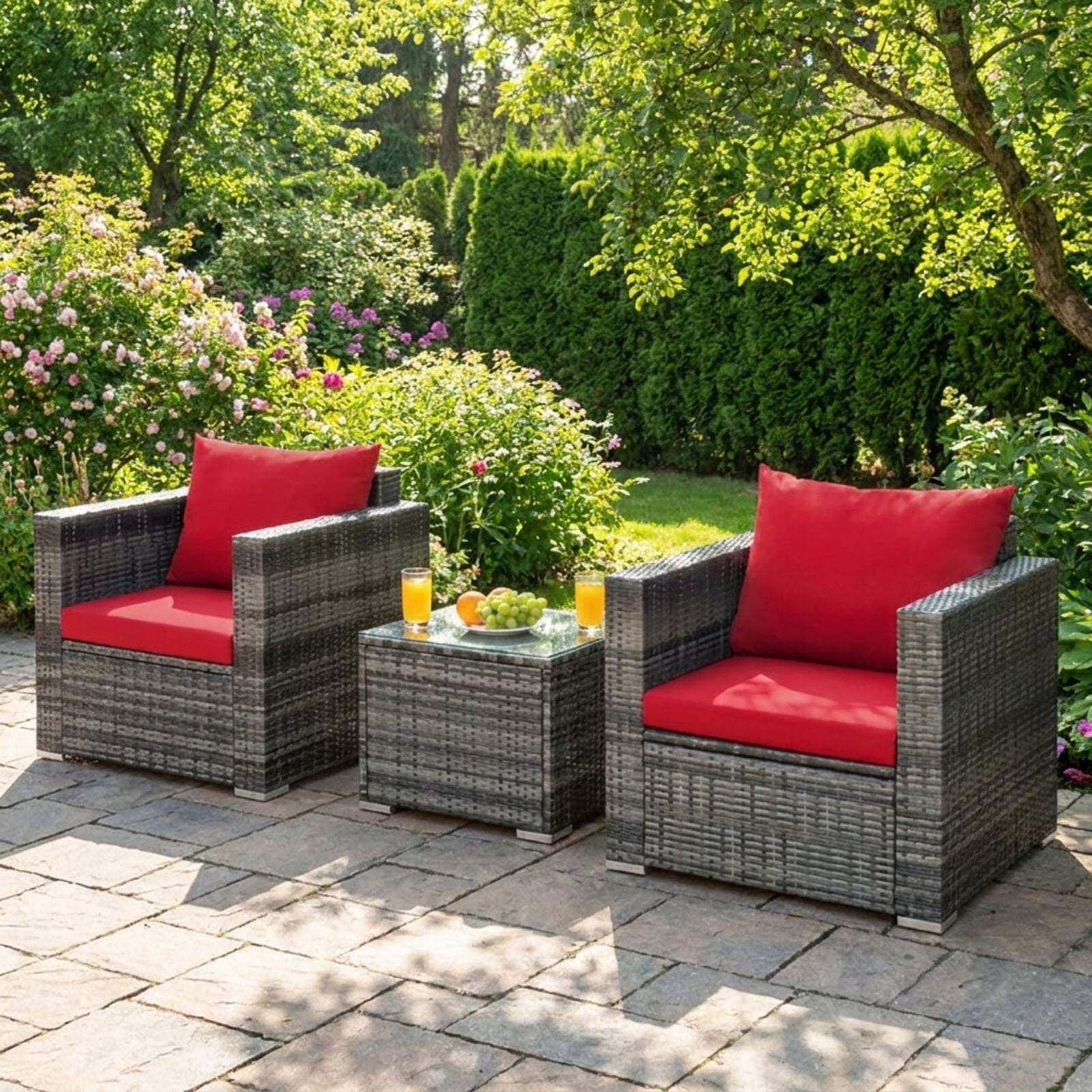 Biotree Patio Furniture Set 3 Pcs Rattan Outdoor Bistro Conversation Set with Cushioned Sofas and Coffee Table for Garden Backyard Porch, Red