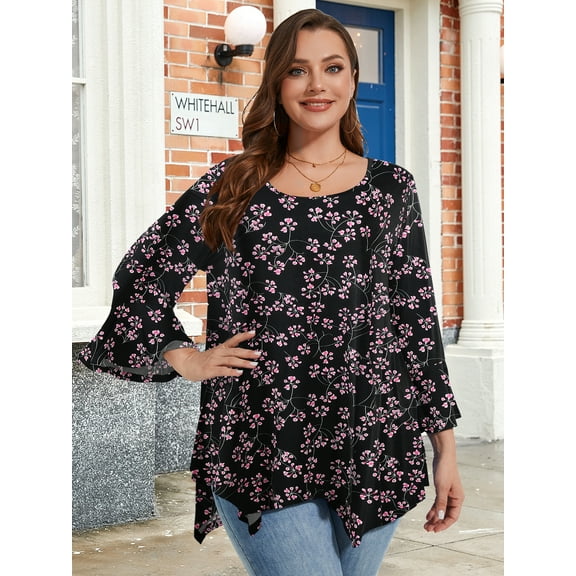 LATWIIV Womens Round Neck 3/4 Sleeve Tops Basic Button T-Shirts Solid Loose Cute Tunic Tee Blouses Fit Pullover A-Black40 4X