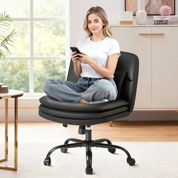 Criss Cross Legged Office Chair with Wheels, Armless Extra Wide Seat Swivel Desk Chair, Adjustable Height Comfy Task Chair with Thick Cushion for Home Office Bedroom Vanity (PU Leather, Black)