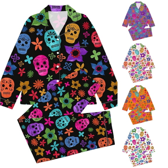 Gunia Little Girls Halloween Pajamas 2 Piece Button Up Long Sleeve Tops Pants Nightwear Outfit For Toddler Kids Pjs Loungewear Black 5-6 Years