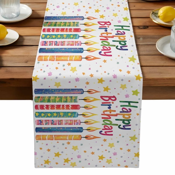 Happy Birthday Cotton Linen Table Runner for Dining Kitchen, Colorful Star Funny Celebration Wedding Outdoor Party Tablerunners Decoration, Dresser Scarf Coffee Tablecloth Runners 13x70 Inches