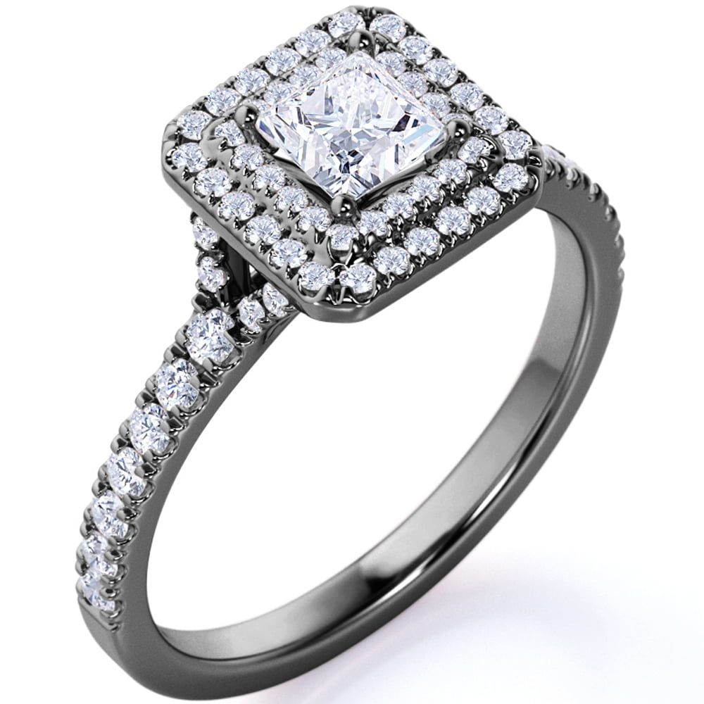 JeenMata Stunning 1 Carat Princess Cut Moissanite - Pave Set - Split Shank - Double Halo Gothic Engagement Ring in 18K Black Gold over Silver