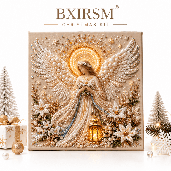 Christmas Pearl Diamond Painting Kit for Adults - 7.87x7.87in Framed Canvas DIY Angel Art with 3D Pearl Beads, Holiday Wall Decor Gift