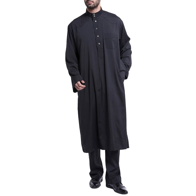 DondPO Chemises à Manches Longues pour Hommes Robe Décontractée Musulmane Arabe Col Moyen Couleur Unie Robe à Manches Longues Chemises pour Hommes Hauts Noirs 3TG