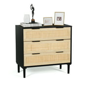 3 Drawer Dresser Rattan Wood Dresser Chest of Drawers Large Storage Cabinet with Double Metal Handles Accent Side Cabinet with Storage for Bedroom, Living Room, Hallway Black and Natural Wood