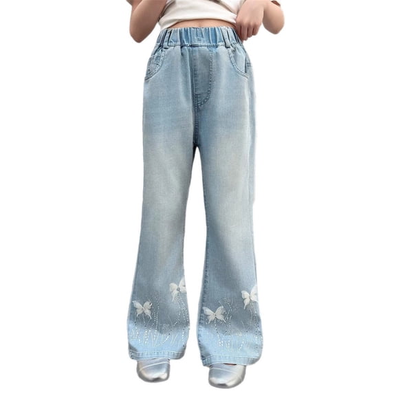 LRen Girls Ruffle Jeans Bell Bottom Flare Pants Size 10/12,Girls Denim Flared Pants Summer Lightweight Stretchy Casual Jeans for Kids Fashionable Wide Leg Trousers