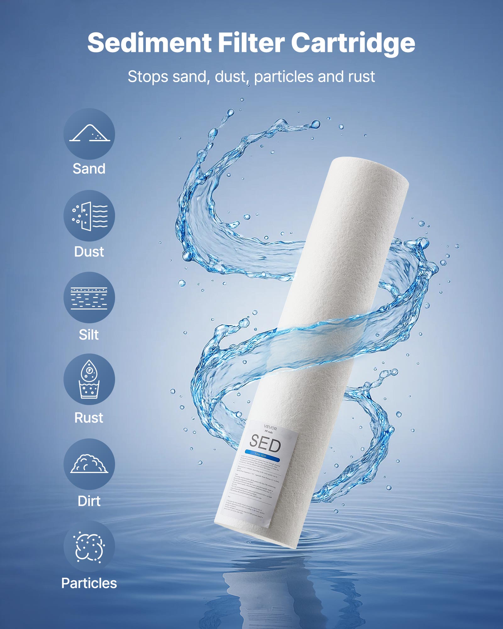 VEVOR Whole House Water Filter Replacement Cartridge, 4.5" x 20" Polypropylene Sediment Filter for 3-Stage Whole Home Water Filtration System, Reduce Sand, Rust, Chlorine, Bad Taste, Odor