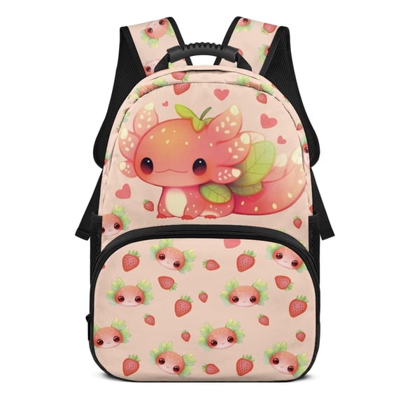 HUIACONG Cute Strawberry Axolotl Print School Backpack for Boys Girls Ages 6-18 Large Capacity Lightweight Water Resistant Bookbag for Elementary Middle High School Back to School Daily Use