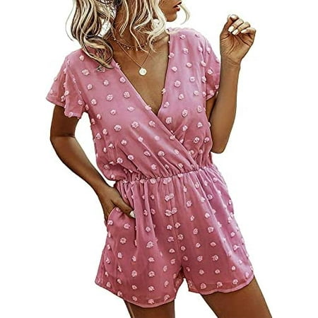 

Singreal Women 2023 Summer Fashion V Neck Wrap Rompers Swiss Dot Pocketed Elastic Waist Short Sleeve Beach Shorts Jumpsuit