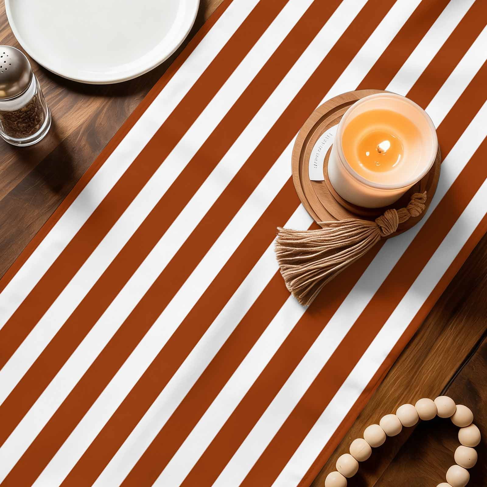 Burnt Orange Stripe Table Runner, Farmhouse Striped Abstract Art Washable Cotton Linen Table Runners 60 Inches Long, Dresser Scarf Runner for Coffee/TV Stands/Kitchen/Cabinets 13''x60''