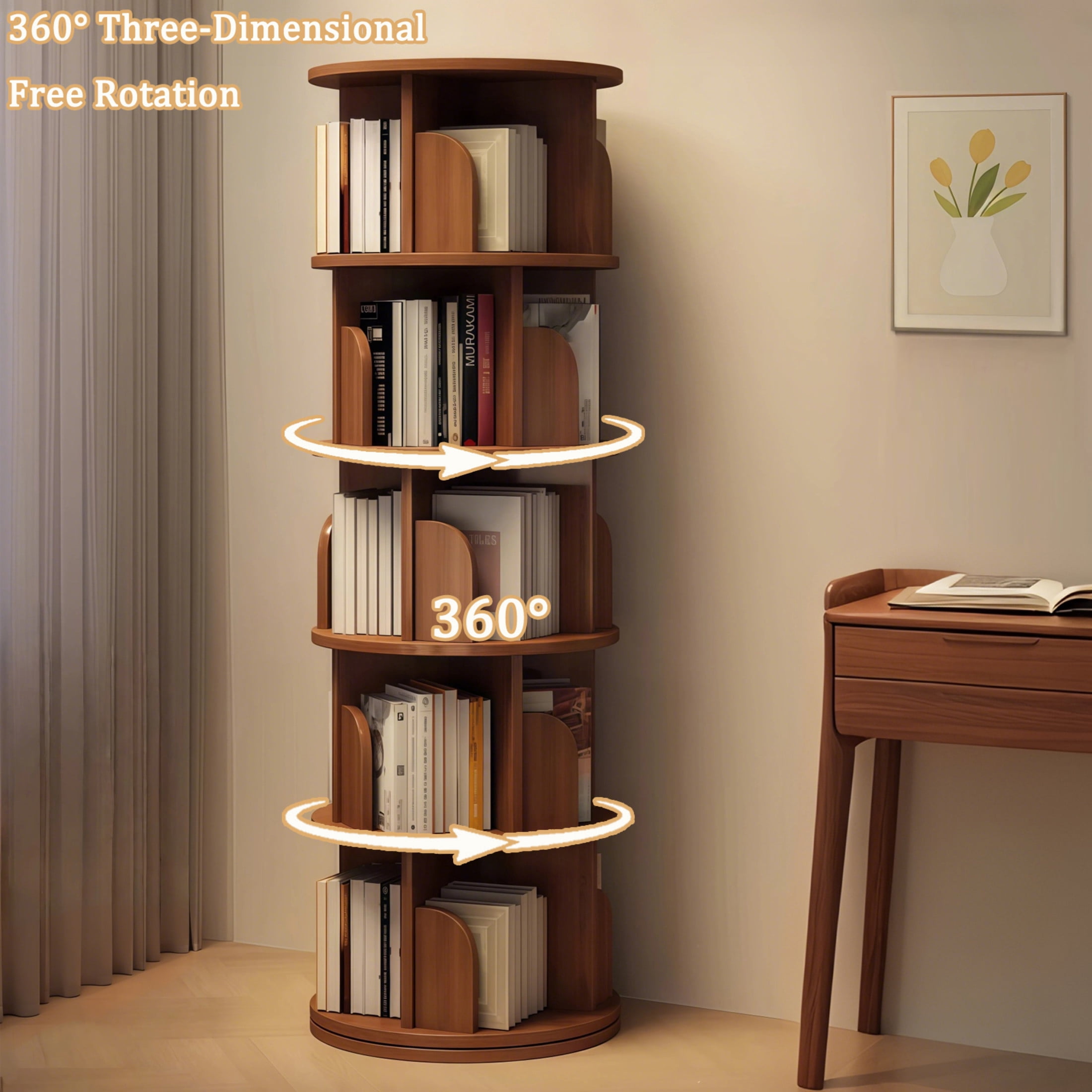 Noble House Pamela 5-Tier 360° Rotating Bookshelf, Round Display Tower, Space-Saving, for Home Office, Walnut