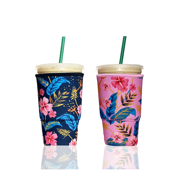 Baxendale and Co 2-Pack Large (32oz) Reusable Neoprene Insulator Sleeve for Iced Coffee or Cold Beverage Cups (Black & Pink Floral)