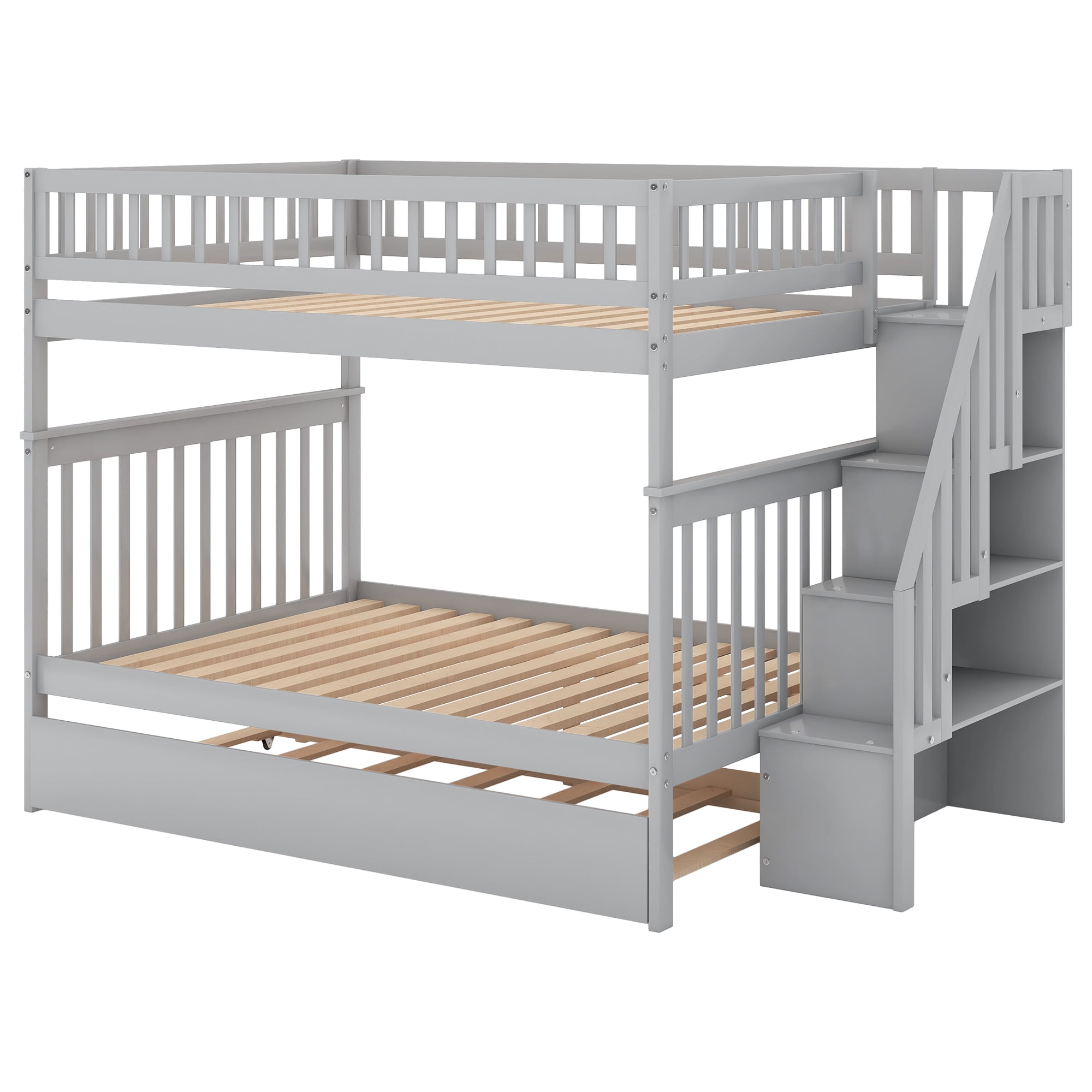 EUROCO Full over Full Bunk Bed with Twin Trundle Bed and Storage Shelves for Kids, Three Beds with Storage for Kids Teens Adults, Gray