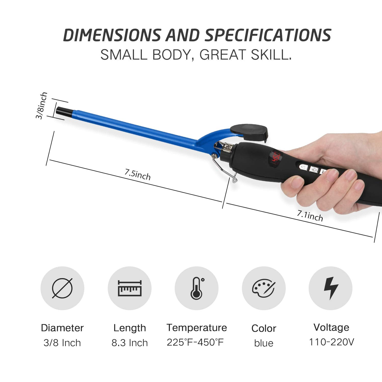 9mm Thin Curling Iron Ceramic, 3/8 inch Small Barrel Curling Wand for Long & Short Hair, LCD Display with 9 Heat Setting Include Glove(Blue)