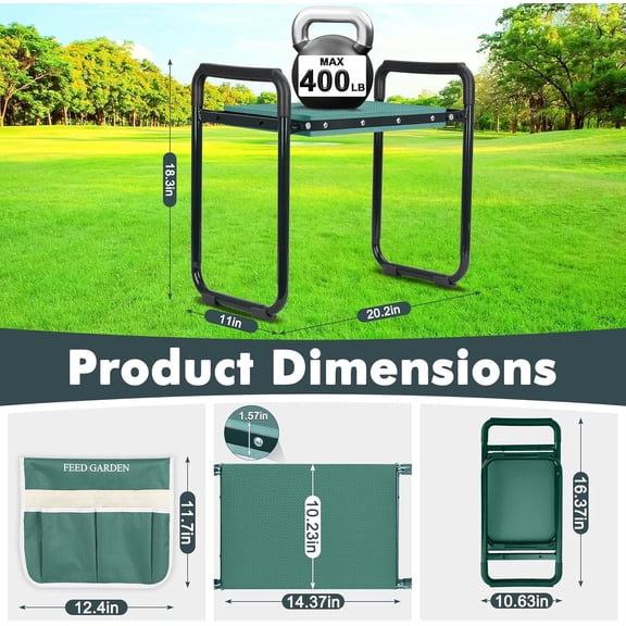 Garden Kneeler and Seat, Upgraded Foldable Gardening Stool with 10.23" Wide Kneeling Pad, Heavy Duty Gardening Bench Chair with 2 Tool Pouches, Gardening Gifts for Seniors Mom Women Men