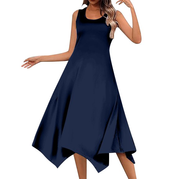 Women's Casual Summer Dress Sleeveless Handkerchief Hem Long Tank Dress Beach Dress With Pockets