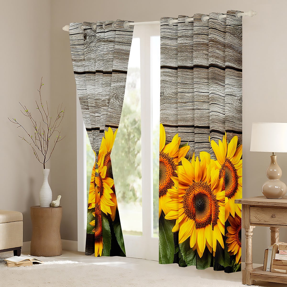 Erosebridal Sunflower Curtains Butterfly Window Treatment,Heart 並行輸入品 Erosebridal Sunflower 30%-50% Blackout Curtains for Bedroom,Distressed Blue  Wooden Board Curtains,Yellow Flowers Butterfly Window Curtains \u0026