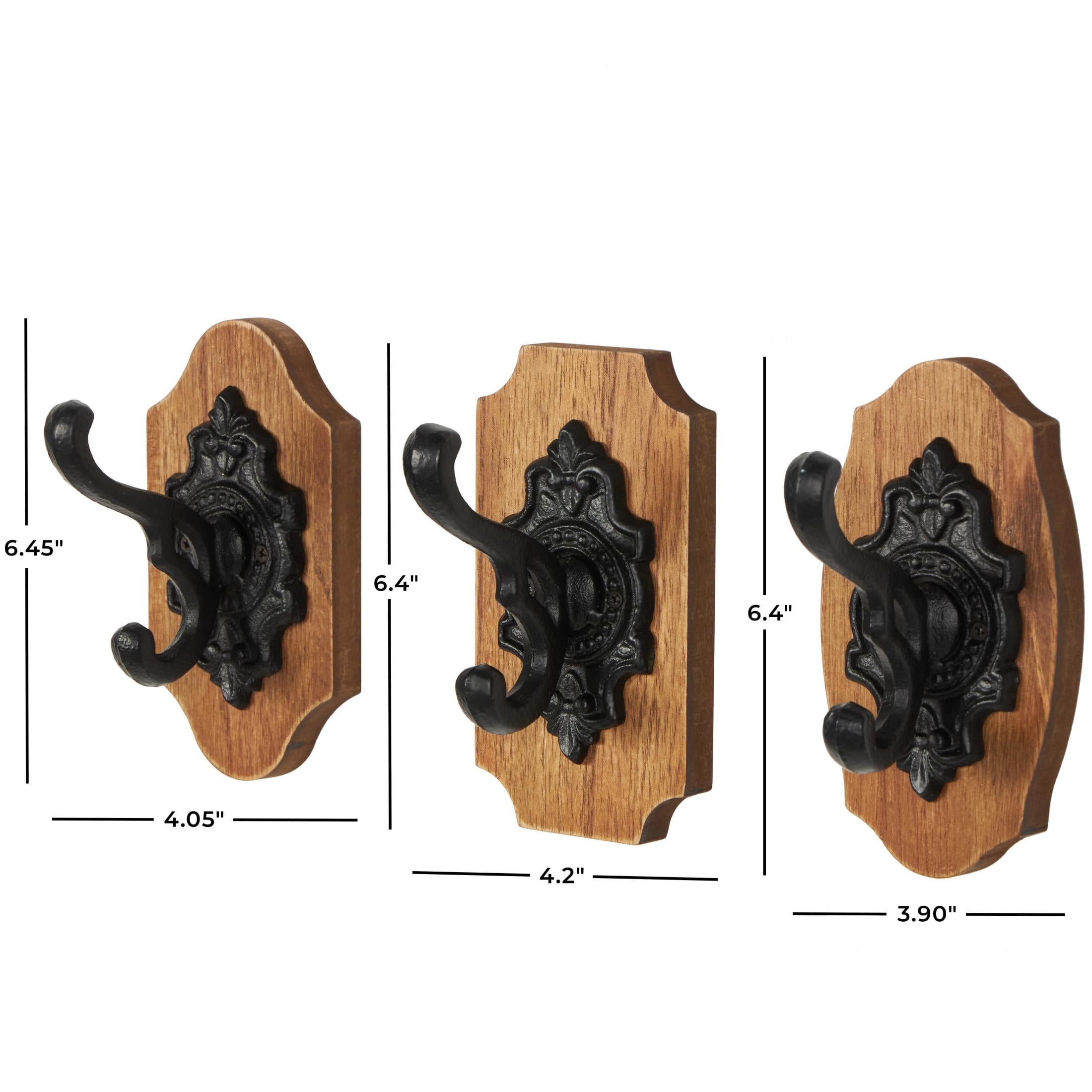 DecMode 4"W, 6"H Brown Wooden Vintage Inspired Fleur De Lis Wall Hook with Black Metal Hooks and Curved Edges, 3-Pieces