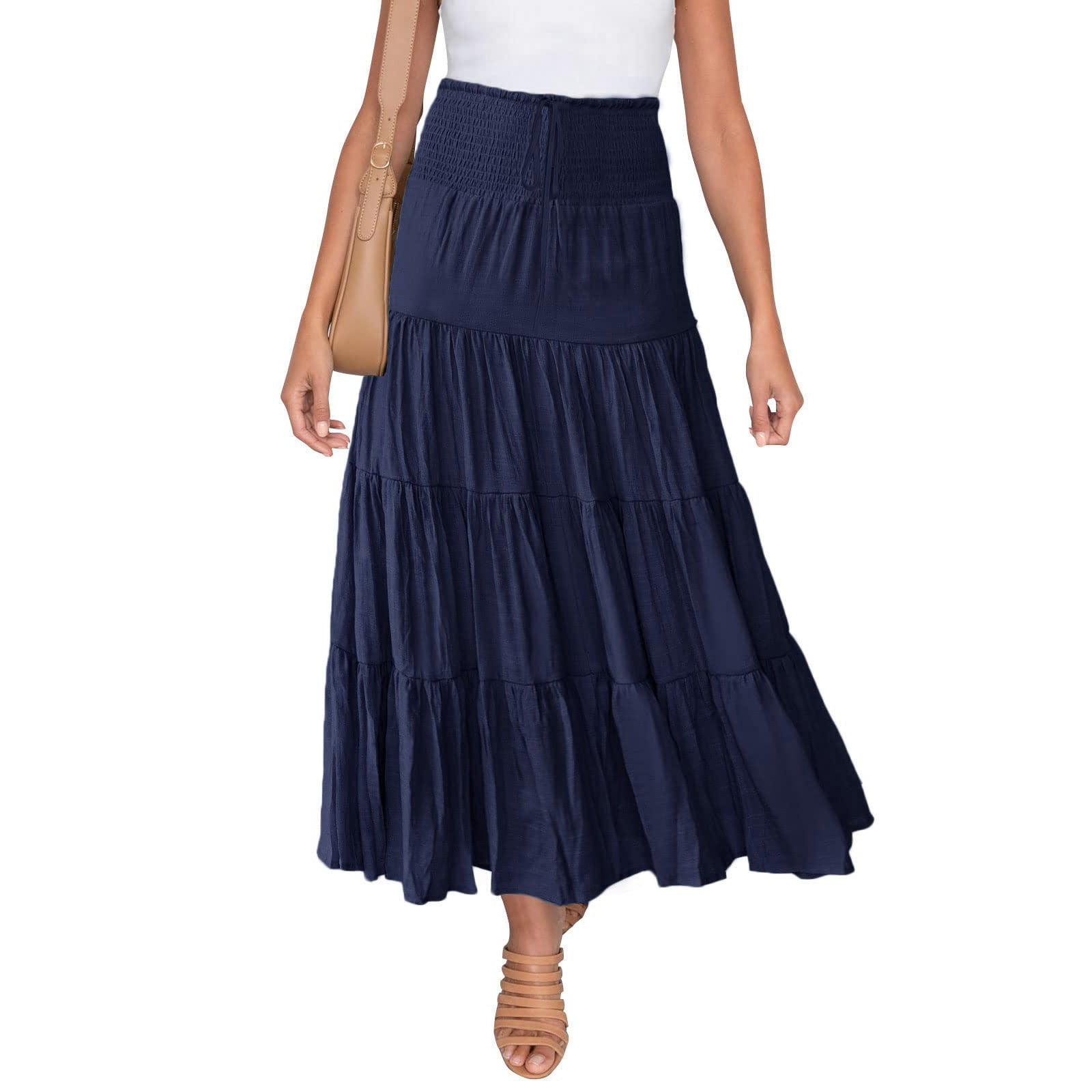nsendm Female Skirt Adult Sequin Skirt Women s Summer Elastic High Waist Boho Maxi Skirt Casual Drawstring A Line Long Skirt Swim Cover up Navy S