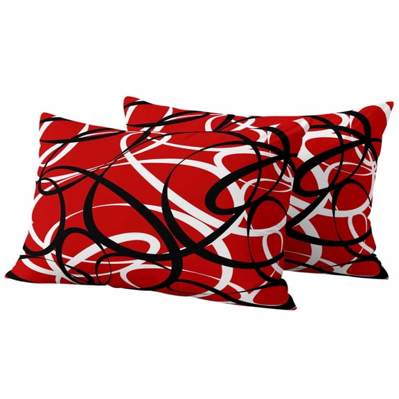 Red Geometric Outdoor Waterproof Pillow Covers, Modern Abstract Black White Striped Lines Decorative Rectangle Throw Pillowcase Sofa Cushion Sham for Patio/Couch/Chair, 20"x12" 2 Pack