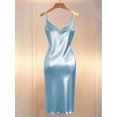 thumbnail image 2 of Blue Satin Bodycon Dress With Pearl-Embellished Spaghetti Straps, Crossover Neckline, Ruched Waist And Side Slit, 2 of 5