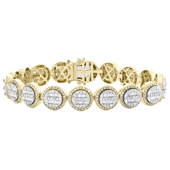 10K Yellow Gold Round & Baguette Diamond 12mm Cluster Statement Bracelet 6.25 CT