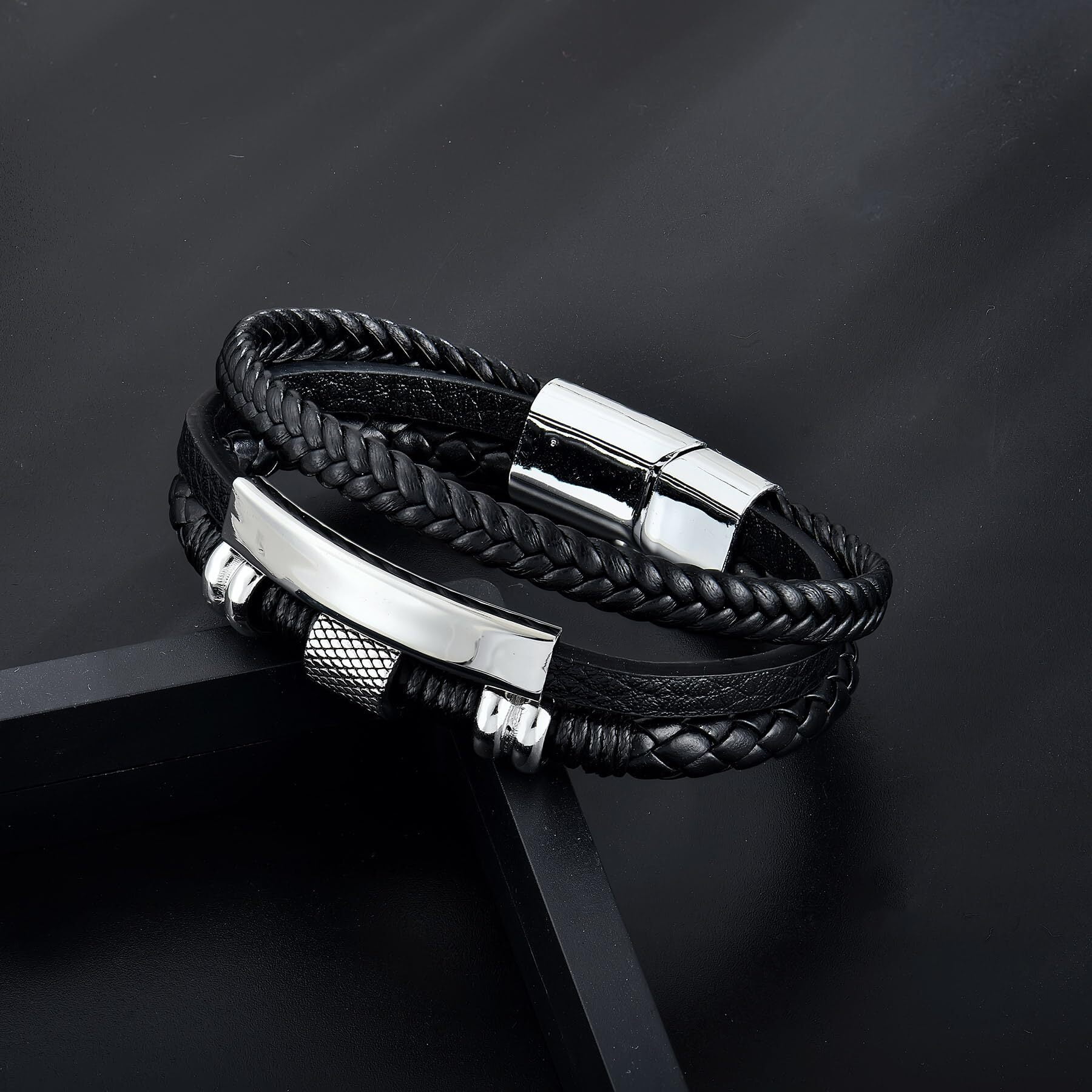 Inpasne Men's Leather Bracelet Braided Wristband Bangle Stainless Steel Bracelet Jewelry Gifts for Men Husband Dad